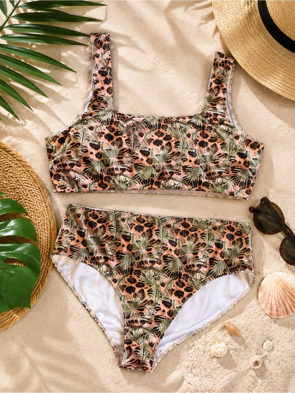 BOOHOO Leopard & Tropical Palm Print Bikini Set | Women’s Size 16
